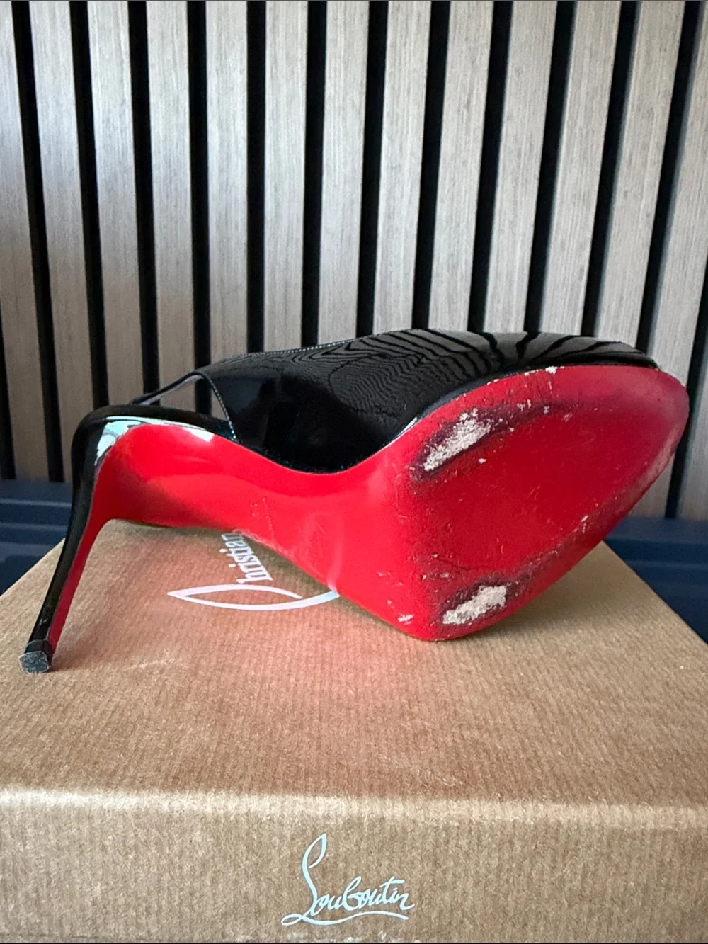 Christian Louboutin Black Patent Peep-Toe Platform Slingbacks